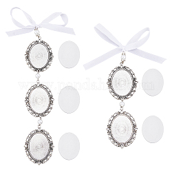 2Pcs 2 Styles Oval Alloy Pendant Decorations, with Transparent Glass Cabochon and Satin Ribbon, for Wedding Bouquet Decorations, Antique Silver, 155~225mm, 2 style, 1pc/style, 2pcs/set