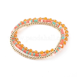 Ensembles de bracelets de perles extensibles en verre et laiton, bracelets empilables, rond & rondelle, or, rouge-orange, diamètre intérieur: 2 pouce (5 cm), 2 pouce (5.2 cm), 2-1/8 pouce (5.4 cm), 3 pièces / kit