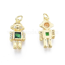 Ion Plating(IP) Brass Micro Pave Clear Cubic Zirconia Pendants, with Glass and Jump Ring, Robot, Real 18K Gold Plated, 20x10x4mm, Jump Ring: 5x0.8mm, Inner Diameter: 3.4mm