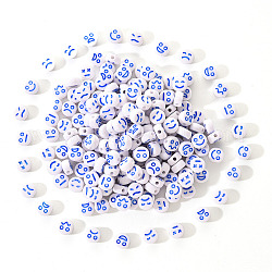 White Opaque Acrylic Beads, Flat Round with Expression, Dodger Blue, 7x4mm, Hole: 1.6mm, 200pcs/set