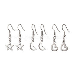 3 paire de boucles d'oreilles pendantes en acier inoxydable 3 styles 304, lune creuse, coeur et étoile, couleur inoxydable, 35~36x9~12.5mm, 1 paire/style