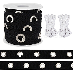 Olycraft 5 Yards Cotton Ribbons with Platinum Tone Iron Eyelet Rings, and 2 Bundles White Cotton Thread, for Garment Accessories, Black, 3/4 inch(19mm)