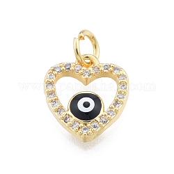Breloques en laiton zircon cubique transparent, avec émail et anneaux de saut, or, coeur avec le mauvais œil, noir, 13x11x3mm, Trou: 3mm