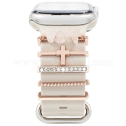 Ensemble de breloques de bracelet de montre en strass en alliage croisé, Boucles d'anneau décoratives pour bracelet de montre, Avec des chips de quartz roses roses, or rose, Diamètre intérieur: 2.2x0.35 cm, 5 pcs / Set.