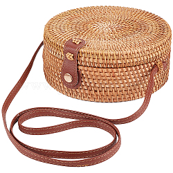 GORGECFAFT Handwoven Round Rattan Bag Large Straw Bag for Women Handmade Wicker Woven Purse Circle Oval Brown Straw Boho Bags Shoulder Imitation Leather Adjustable Strap for Women Travel