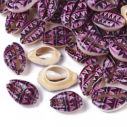 Perles de coquillage cauri naturelles imprimées, pas de trous / non percés, avec motif de triangle, violet, 18~21x12~15x7mm
