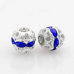Silver Color Plated Brass Rhinestone Beads, Hollow Round, Dodger Blue, 6mm, Hole: 1mm
