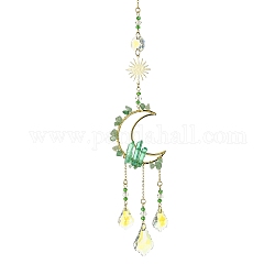 Décoration de pendentifs en aventurine verte naturelle et en verre, avec 304 anneaux brisés en acier inoxydable, lune Soleil, 300mm