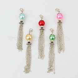 Glass Pearl Tassel Pendant Decorations, with Iron Chains, Brass Rhinestone Beads and Alloy Lobster Claw Clasps  , Mixed Color, 90~95mm