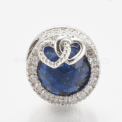 Perline europeo zirconi in ottone, perline con foro grande, piatta e rotonda con il cuore, platino, blu, 12x14mm, Foro: 4.5 mm