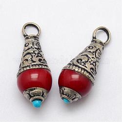 Messing Teardrop Anhänger, mit Harz Nachahmung Edelsteine ​​und antikem Silber, rot, 26~28x11 mm, Bohrung: 4 mm