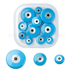 12pcs 3 perles synthétiques turquoises de style, avec coquille, rond et plat avec des mauvais œil, bleu profond du ciel, 6~12x2~3mm, Trou: 0.6~0.7mm, 4 pièces / style