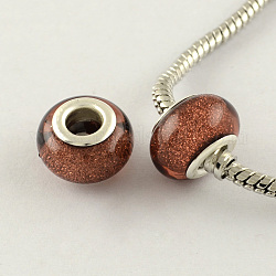 Large Hole Resin European Beads, with Silver Color Plated Brass Double Cores, Rondelle, Saddle Brown, 14x9mm, Hole: 5mm