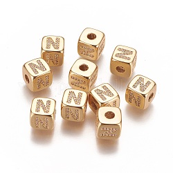 Brass Micro Pave Cubic Zirconia Beads, Horizontal Hole, Real 18K Gold Plated, Long-Lasting Plated, Cube with Letter, Clear, Letter.N, 9x9x9mm, Hole: 3.5mm