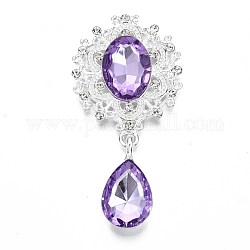 Alloy Flat Back Cabochons, with Acrylic Rhinestones, Oval and Teardrop, Silver Color Plated, Faceted, Lilac, 58x29x7mm, Pendant: 24.5x13x7mm