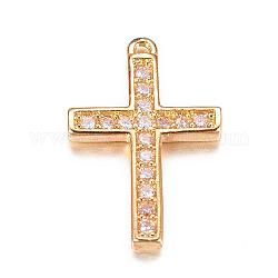 真鍮製マイクロパヴェキュービックジルコニアチャーム  ラテン十字架  ゴールドカラー  15x10x2mm  穴：1mm