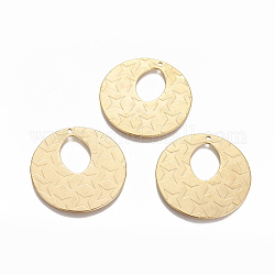 304 Stainless Steel Pendants, Textured, Flat Round with Star Pattern, Golden, 35.3x1mm, Hole: 1.4mm