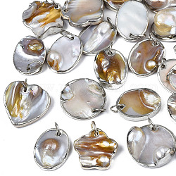 Pendenti shell bianco naturale, con bordo in ottone placcato platino, forme misto, colore conchiglia, 20~21x15~21x3~10mm, anello di salto: 6~7x0.5 mm, diametro interno: 5~6mm
