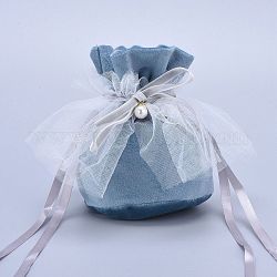Geschenkbeutel mit Kordelzug aus Samtschmuck, mit Kunststoffimitat Perle & weißem Garn, Bonbontüten für Hochzeiten, Stahlblau, 14.2x14.9x0.4 cm