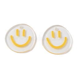 Pendenti in acrilico stampato trasparente, rotondo piatto con fascino volto sorridente, giallo, 20.5~21x20~21x2mm, Foro: 1.6 mm