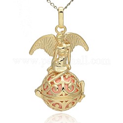 Golden Tone Brass Hollow Round Cage Pendants, with No Hole Spray Painted Brass Round Beads, Round with Angel, Pink, 47x30x21mm, Hole: 3x8mm