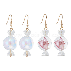 FIBLOOM 2 Pairs 2 Colors Lace Inside Glass Candy Ball Dangle Earrings, Golden Alloy Long Drop Earrings for Woman, Mixed Color, 56mm, Pin: 0.8mm, 1 Pair/color