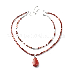 2Pcs 2 Style Natural Red Jasper Teardrop Pendant Necklaces Set, Synthetic Hematite & Brass Beaded Stackable Necklaces for Women, 15.35~20.39 inch(39~51.8cm), 1Pc/style