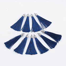 Décorations de gros pendentif pompon en nylon, avec les accessoires en alliage d'argent antique, bleu marine, 55~67x7mm, Trou: 2mm