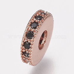 Entretoises de perles en laiton avec zircone cubique de micro pave, plat rond, noir, or rose, 8x2mm, Trou: 3mm