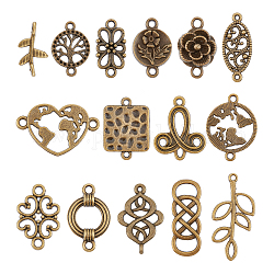 Arricraft 120 pièces 15 styles breloques de connecteur en alliage de style tibétain, formes mixtes, bronze antique, 13~38.5x8~27.5x1~5mm, Trou: 1~9~1~5mm, 8 pièces / style