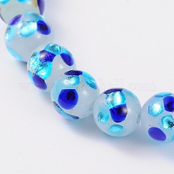 Perles rondes de feuille d'argent en verre manuelles, bleu, 8mm, Trou: 1mm