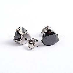 Pendientes de botón de circonio cúbico de 304 acero inoxidable Heart, negro, 6x6mm, pin: 0.9 mm