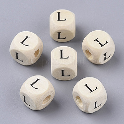 Perles de bois naturel imprimées, trou horizontal, cube avec la lettre initiale, papayawhip, letter.l, 10x10x10mm, Trou: 3.5mm, environ 1000 pcs/500 g