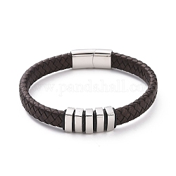 304 Stainless Steel Rectangle Beaded Bracelet with Magnetic Clasps, Brown Leather Braided Cord Punk Wristband for Men Women, Stainless Steel Color, 8-5/8 inch(21.9cm)