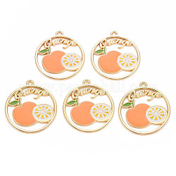 Alloy Enamel Pendants, Cadmium Free & Nickel Free & Lead Free, Light Gold, Ring with Word and Orange, Coral, 31x28x2mm, Hole: 1.8mm