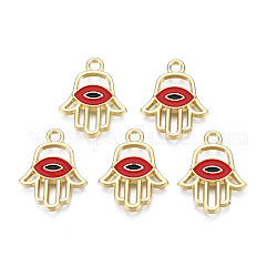 Light Gold Plated Alloy Pendants, with Enamel, Religion, Hamsa Hand/Hand of Miriam with Evil Eye, Red, 20x15.5x2.5mm, Hole: 2mm