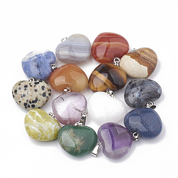 Colgantes de piedras preciosas naturales, con fornituras de latón de tono platino, corazón, 22~23x23x9~10mm, agujero: 2x6.5 mm