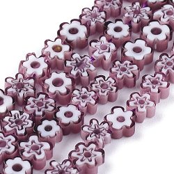 Hilos de abalorios de vidrio millefiori artesanal, flor, púrpura, 4~7.2x2.6mm, agujero: 1 mm, aproximamente 60~69 pcs / cadena, 16 pulgada (40 cm)