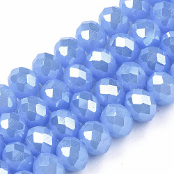 Abalorios de vidrio electroplate hebras, cuentas de jade de imitación, lustre de la perla chapado, facetados, rerondana plana, azul aciano, 8x6mm, agujero: 1 mm, aproximamente 68~70 pcs / cadena, 16 pulgada (40 cm)