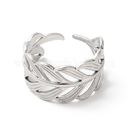 304 Stainless Steel Leafy Branch Open Cuff Ring for Women, Stainless Steel Color, Inner Diameter: 17mm