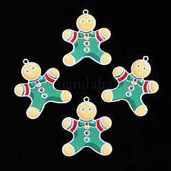 Spruzzare pendenti in ottone verniciato, con stampato, per Natale, uomo di pan di zenzero, verde mare, 34x27.5x0.4mm, Foro: 1.8 mm