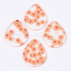 Transparent Clear Cellulose Acetate(Resin) Pendants, Printed, Teardrop with Flower, Flower Pattern, 34x28x2.5mm, Hole: 1.4mm