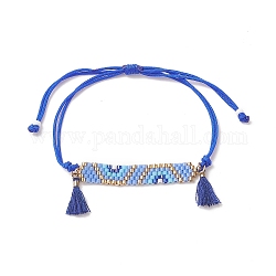 Rectangle de graine japonais fait à la main avec bracelet de perles tressées à maillons de fleurs, bracelet à breloques pompon pour femme, bleu, diamètre intérieur maximum : 3-1/2 pouce (9 cm)