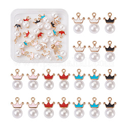 Craftdady 20Pcs 5 Colors Resin Imitation Pearl Pendants, with Golden Tone Alloy Enamel Findings, Round with Crow, Mixed Color, 18.5x11.5x10mm, Hole: 1.4mm, 4pcs/color