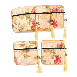 Мешочки на молнии из ткани в китайском стиле с цветочным узором для хранения ювелирных изделий, квадратный подарочный футляр для украшений с кисточкой, для браслетов, серьги, кольца, случайный образец, розовые, 115x115x7 мм