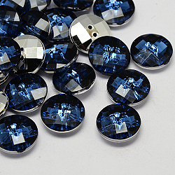 Botones de acrílico rhinestone de Taiwán, facetados, 2 agujero, disco, azul marino, 10x4mm, agujero: 1 mm