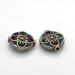 Indonesia Style Antique Silver Tone Alloy Enamel Beads, Flat Round with Flower Pattern, Colorful, 14x5mm, Hole: 1mm