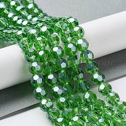 Fili di perle di vetro placcato, lustro di perla placcato, sfaccettato (32 sfaccettatura), tondo, verde, 8x7mm