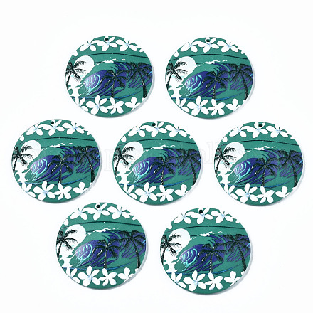 3Dプリントアクリルパーツ  ココナッツの木と花のある半円形/ドーム  ダークシアン  38x6mm  穴：1.6mm KY-S163-311-1