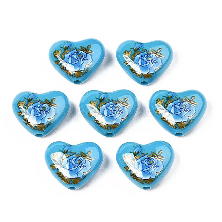 Flower Printed Opaque Acrylic Heart Beads SACR-S305-28-O02-1
